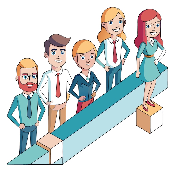 Vector grupo de personas de negocios de dibujos animados de pie en un escalón frente a una flecha azul