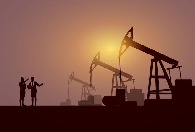 Vector grupo de personas de negocios pumpjack plataforma petrolera plataforma de grúa banner