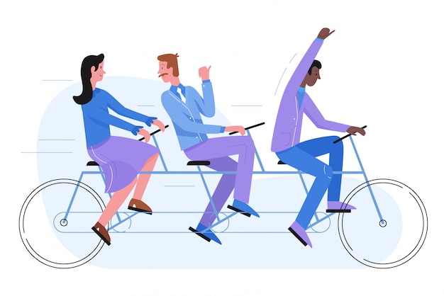 Grupo de personas de negocios de tres personas montando bicicleta tándem. Hombre de negocios exitoso concepto de cooperación colectiva. Piso aislado Trabajo en equipo, liderazgo y colaboración, poder de equipo.