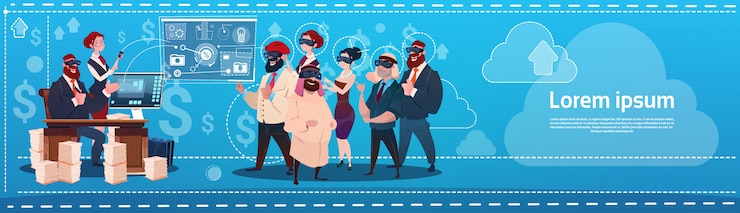 Vector grupo de personas de negocios usar gafas de realidad virtual pantalla de interfaz digital seminario de presentación