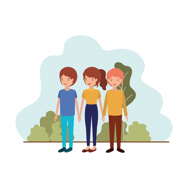 Grupo de personas con personaje de avatar de paisaje