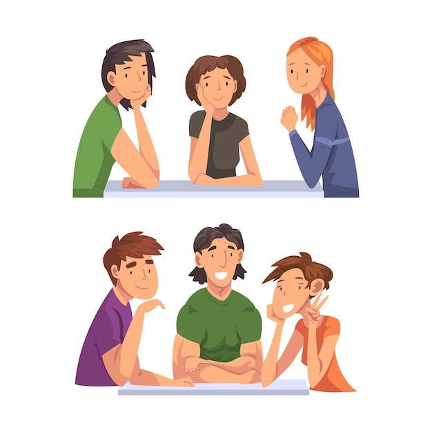 Grupo de personas personaje sentado en el escritorio grabando conjunto vectorial de podcast