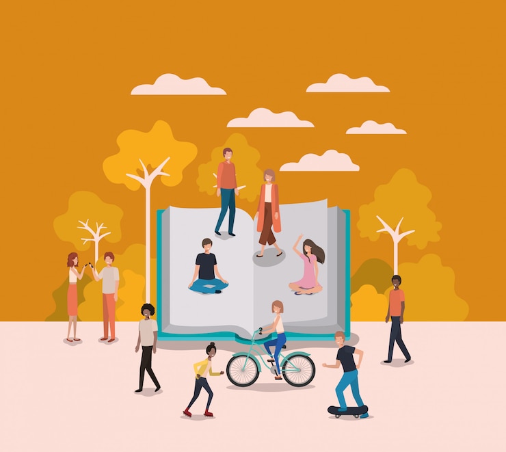 Vector grupo de personas con personajes de avatares de libros.
