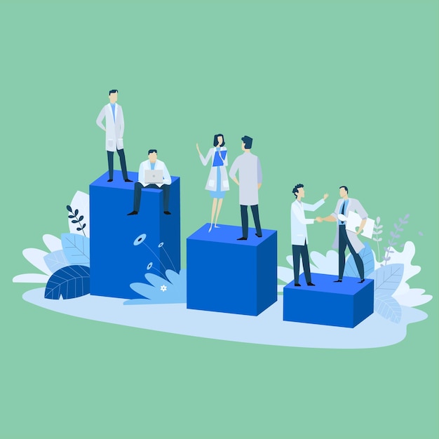 Un grupo de personas de pie sobre un pedestal con uno de ellos diciendo 'la palabra doctor'