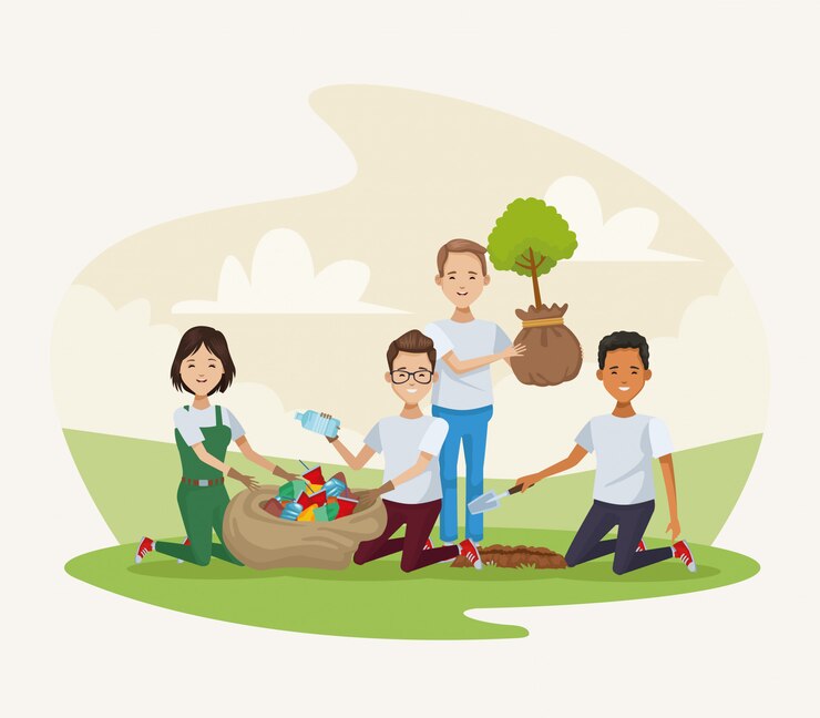 Grupo de personas plantando en el campamento