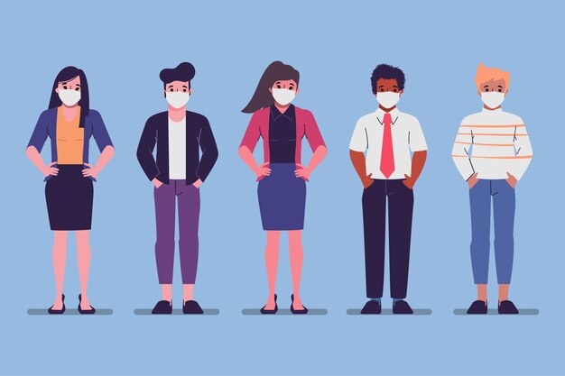Grupo de personas con una pose de animación de máscara facial.