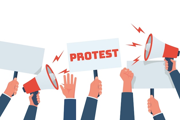 Grupo de personas en protesta Carteles y altavoz en manos