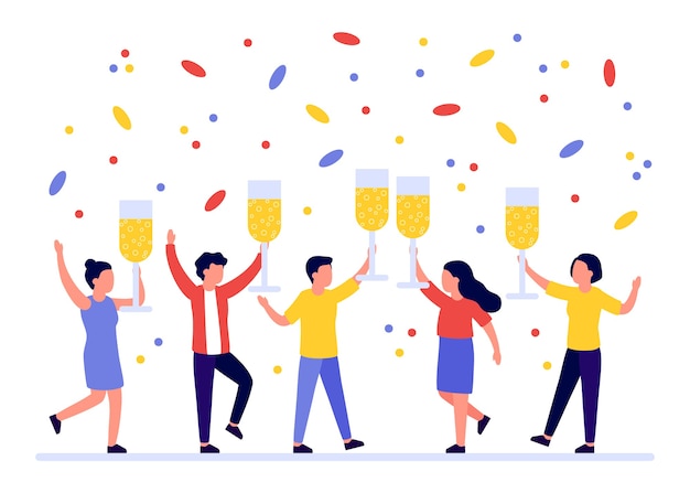 Grupo de personas que dan la bienvenida a las vacaciones con copas de vino en las manos.