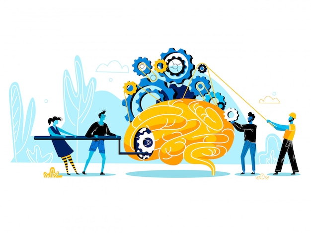 Grupo de personas que intentan poner en marcha un enorme cerebro humano con un mecánico