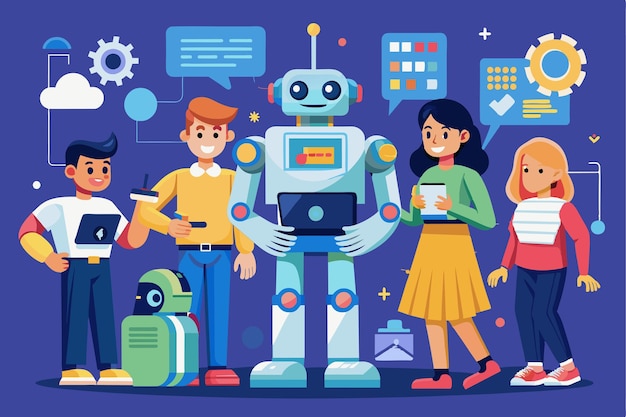 Grupo de personas que se involucran con robots personalizables en un entorno de espacio de trabajo vibrante que muestra la colaboración Gente que utiliza robots Ilustración semi plana personalizable