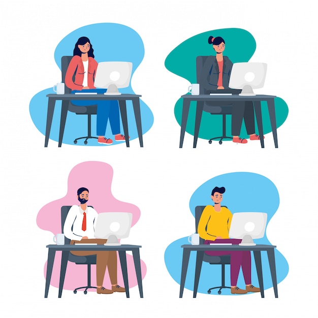 Grupo de personas que trabajan en diseño de ilustración de computadoras