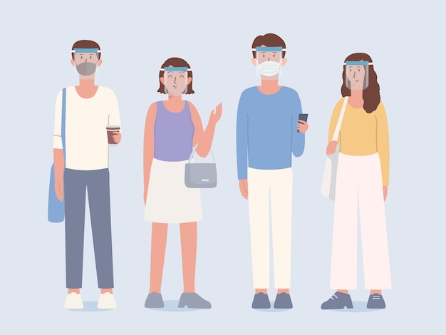 Vector grupo de personas que usan máscara facial de plástico transparente y máscara quirúrgica que cubre la cara con ropa en el estilo de vida que es una nueva normalidad de los pueblos actuales ilustración sobre la nueva cultura de los humanos.