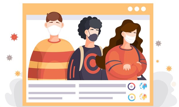 Grupo de personas que usan máscaras faciales médicas protectoras Página de información en Internet sobre la propagación del virus Concepto de pandemia de cuarentena de coronavirus Epidemia mundial de covid 19