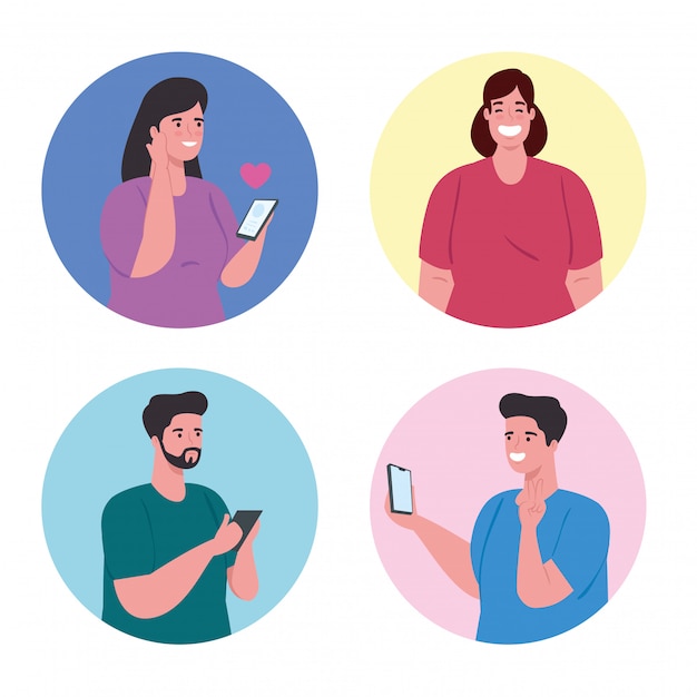 Grupo de personas que utilizan el concepto de tecnología de comunicación, redes sociales y teléfonos inteligentes