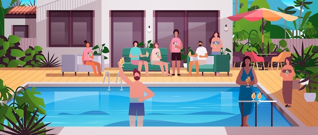 Vector grupo de personas de raza mixta que tiene fiesta en villa privada u hotel con piscina amigos felices relajándose juntos concepto de vacaciones de verano ilustración vectorial horizontal