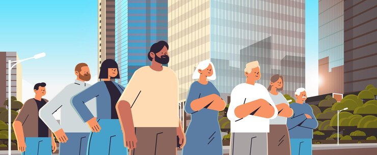 Vector grupo de personas de raza mixta en ropa casual de pie juntos ilustración de vector de retrato de fondo de paisaje urbano horizontal al aire libre
