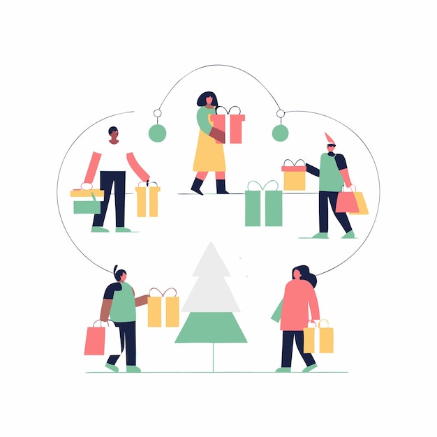 un grupo de personas con regalos y un árbol de Navidad