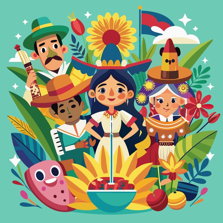Vector un grupo de personas con ropa tradicional rodeadas de flores, plantas y una bandera