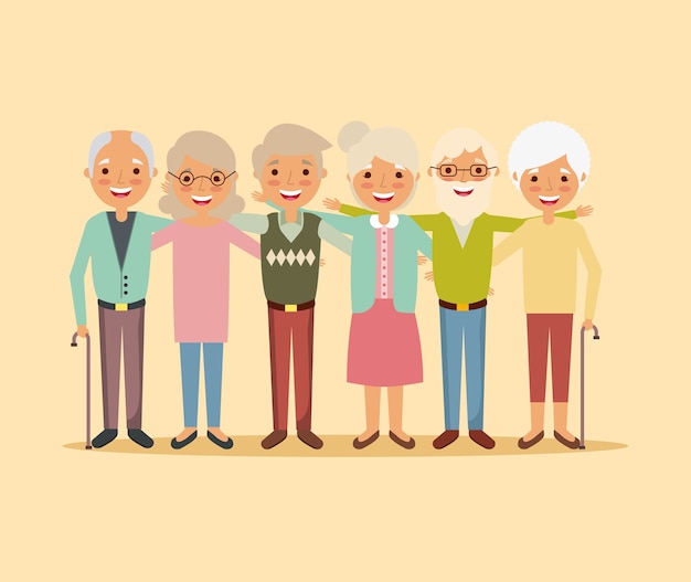 Grupo de personas senior lindo abrazando juntos feliz