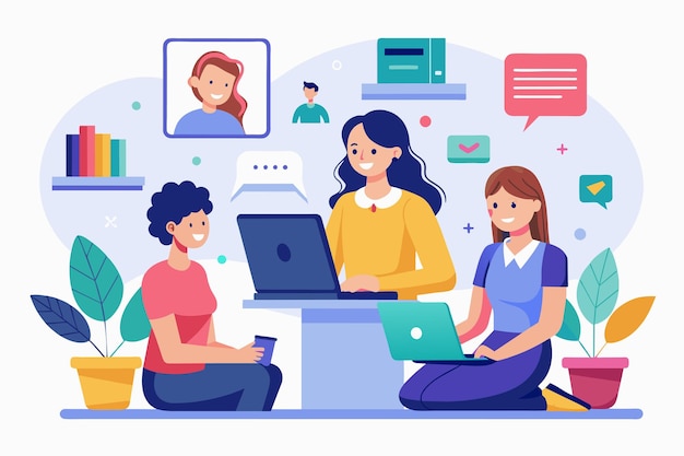 Grupo de personas sentadas alrededor de una computadora portátil mujeres comunicación de video en línea con el concepto de discutir o estudiar remotamente Ilustración vectorial plana simple y minimalista