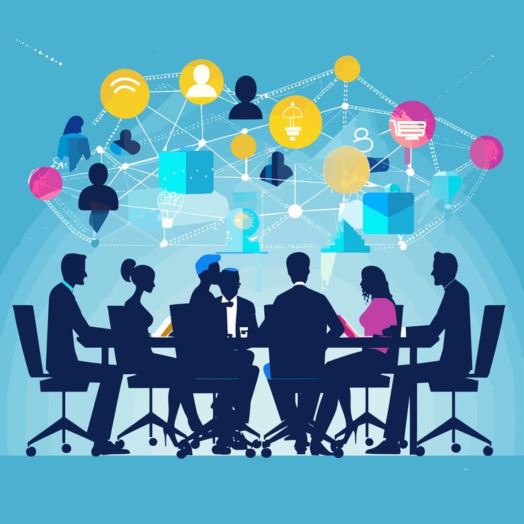 Vector un grupo de personas sentadas alrededor de una mesa con las palabras "red social" en ella