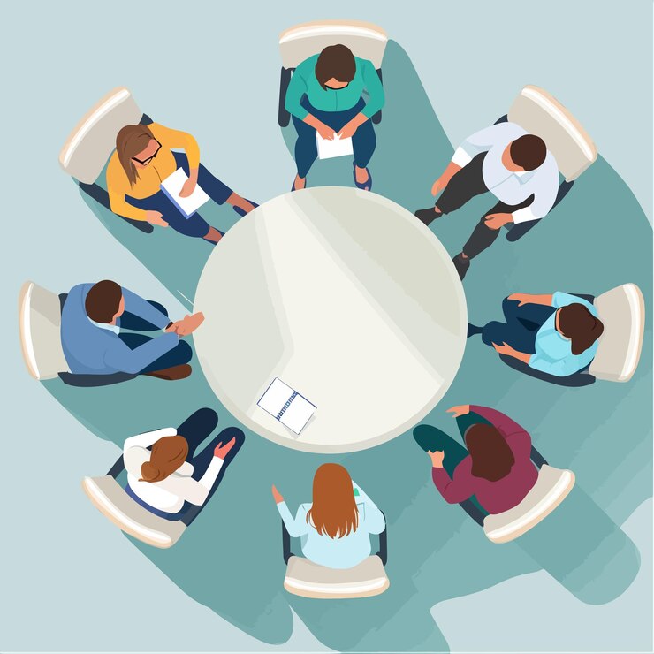 Vector un grupo de personas sentadas alrededor de una mesa con una tableta en ella