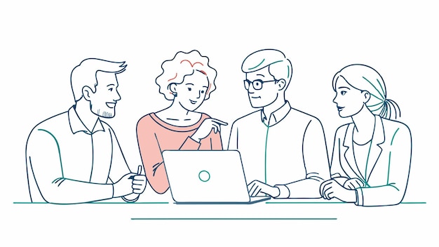 un grupo de personas sentadas en una mesa con una computadora portátil y un hombre con una camisa roja