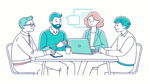 un grupo de personas sentadas en una mesa con una computadora portátil y la palabra en ella