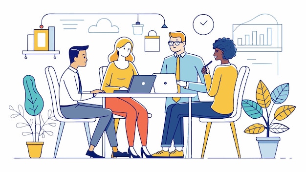 un grupo de personas sentadas en una mesa con computadoras portátiles y un letrero que dice que no