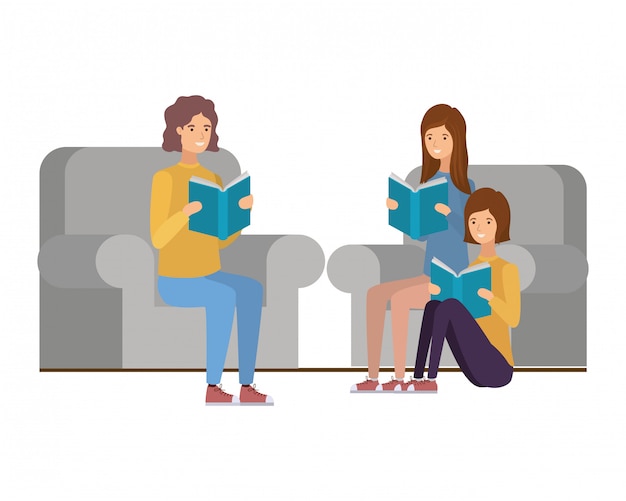 Grupo de personas sentadas en una silla con el libro en las manos