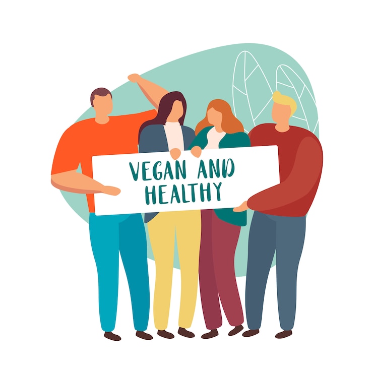 Grupo de personas con signo vegano y saludable aislado.