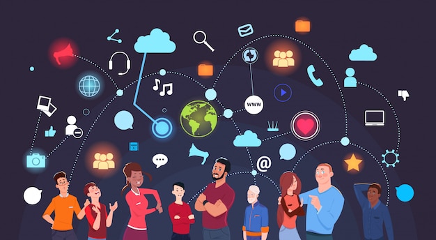 Vector grupo de personas sobre los medios de comunicación social iconos de fondo internet y el concepto de tecnología moderna