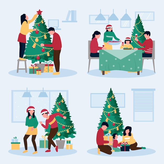 un grupo de personas con sombreros de Santa están alrededor de un árbol de Navidad