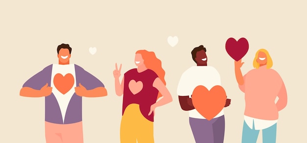 Grupo de personas sonrientes sosteniendo corazones. día de san valentín. ilustración de vector de amor y voluntariado