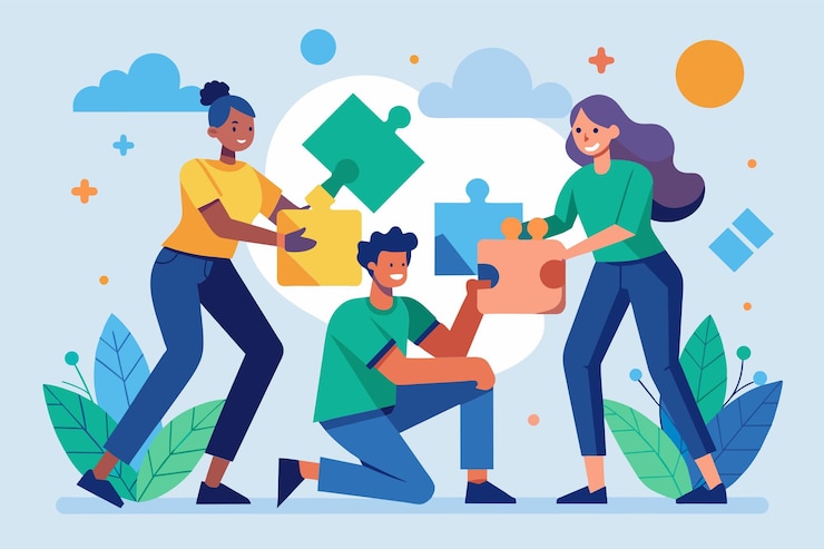 Vector grupo de personas sosteniendo piezas de un rompecabezas tres personas trabajan juntas para armar un rompecabecho ilustración vectorial plana simple y minimalista