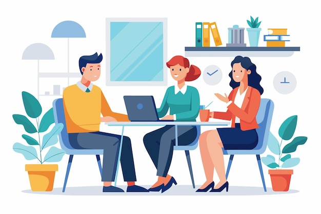 Grupo de personas trabajando en una computadora portátil en la mesa tres personas tenían una reunión de negocios en la oficina Ilustración vectorial plana simple y minimalista