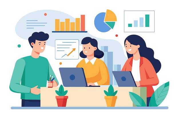 Grupo de personas trabajando en portátiles en la mesa Tres personas teniendo una reunión de empresa con datos Ilustración vectorial plana simple y minimalista