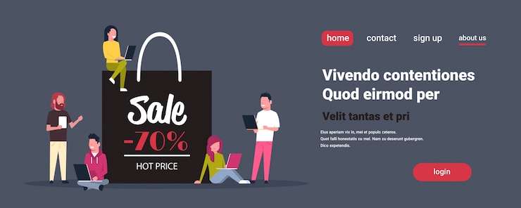 Vector grupo de personas usando laptop e-shopping alrededor de bolsa de compras con gran cartel de venta descuento de promoción de vacaciones de black friday