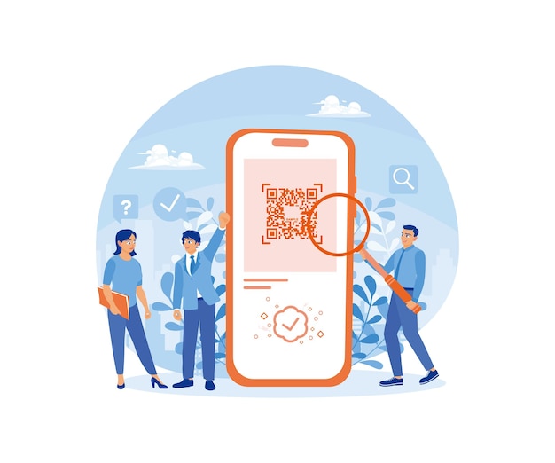 Un grupo de personas utiliza teléfonos móviles para pagos en línea Escanear el código QR en un teléfono inteligente Concepto de pago en línea Ilustración vectorial plana