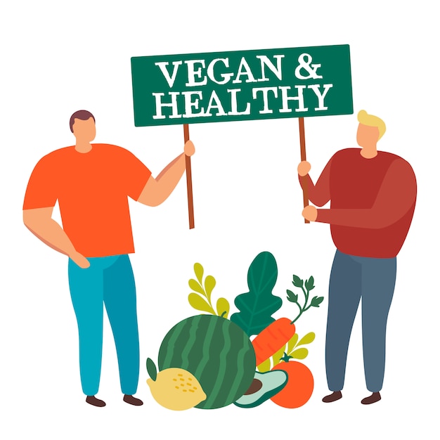 Vector grupo de personas con vegetales grandes con signo vegano y saludable aislado.