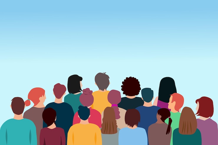 Vector grupo de personas de vista trasera un grupo de personas de pie hacia atrás multitud de personas ilustración vectorial