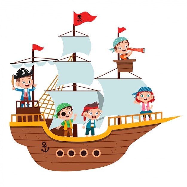 Grupo de piratas de dibujos animados en un barco en el mar