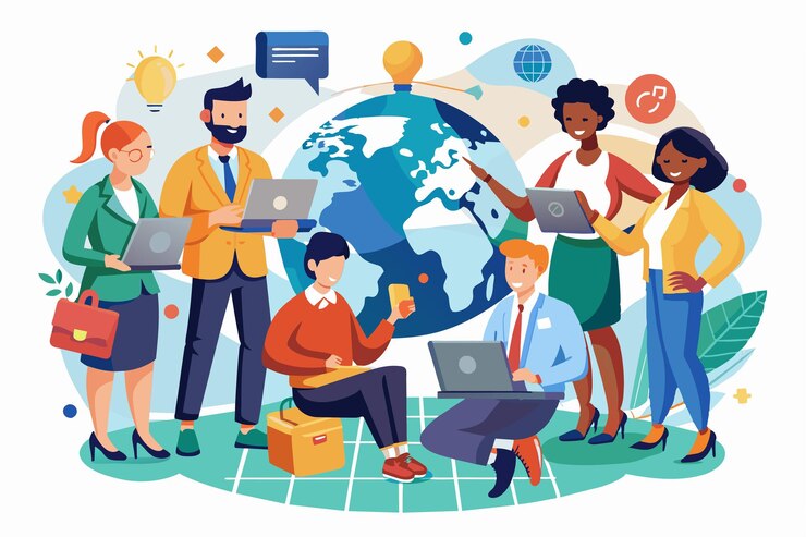 Vector un grupo de profesionales diversos se involucra en la colaboración utilizando computadoras portátiles mientras discuten ideas de negocios globales búsqueda de colaboración relaciones comerciales internacionales