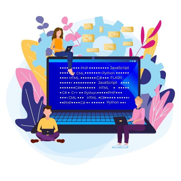 Vector grupo de programadores está trabajando hombres y mujeres codifican un proyecto en un monitor grande con código de programa concepto de moda en estilo plano