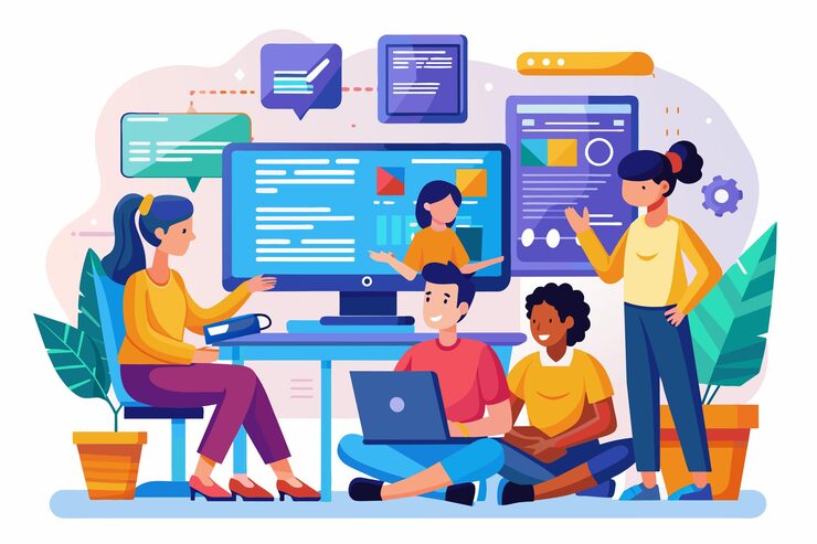 Vector un grupo de programadores se involucra con programas de codificación y tutoriales en varias plataformas en línea juntos programadores aprenden programación en sitios web usando computadoras planas ilustración