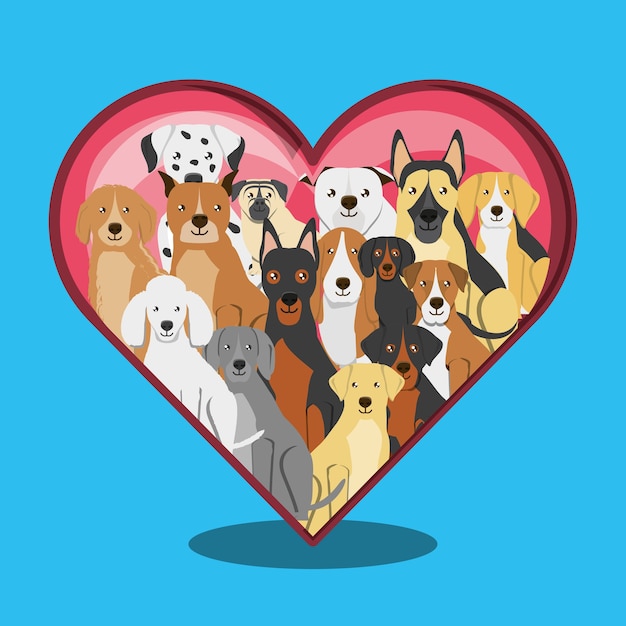 Vector grupo de razas de perros con corazón