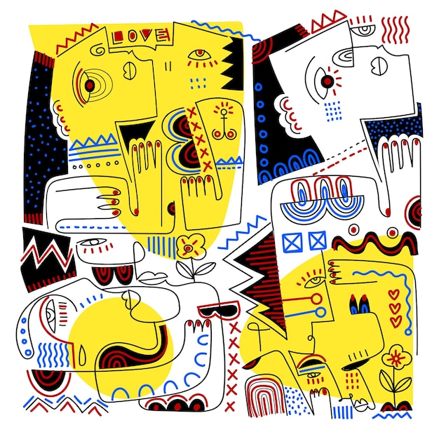 Grupo de retratos abstractos de caras, dibujos geométricos, dibujo de líneas, ilustraciones vectoriales dibujadas a mano, arte de pared.