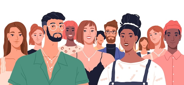Grupo de retratos de personas diversas. Jóvenes felices, hombres y mujeres diferentes juntos. multitud de jóvenes internacionales. Concepto de diversidad y unidad. Ilustración vectorial plana aislada sobre fondo blanco