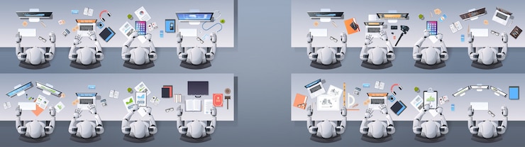 Vector grupo de robots humanoides modernos sentados en escritorios en el aula de la escuela concepto de inteligencia artificial
