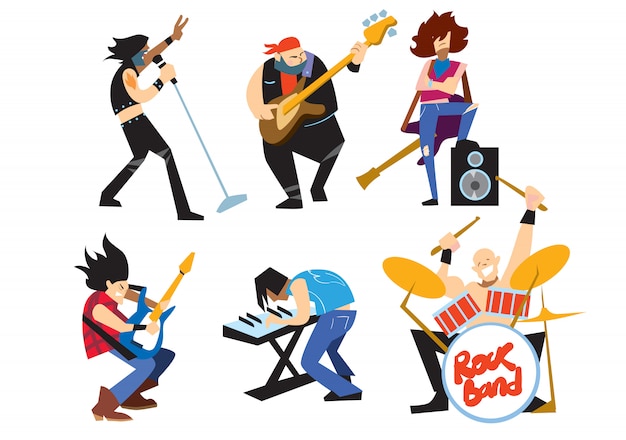 Vector grupo de rock de músicos aislado sobre fondo blanco.